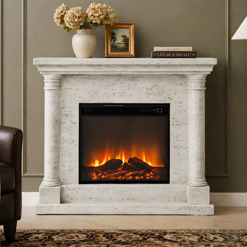 44.5"W Freestand Electric Fireplace With Remote Control, Ivory Travertine