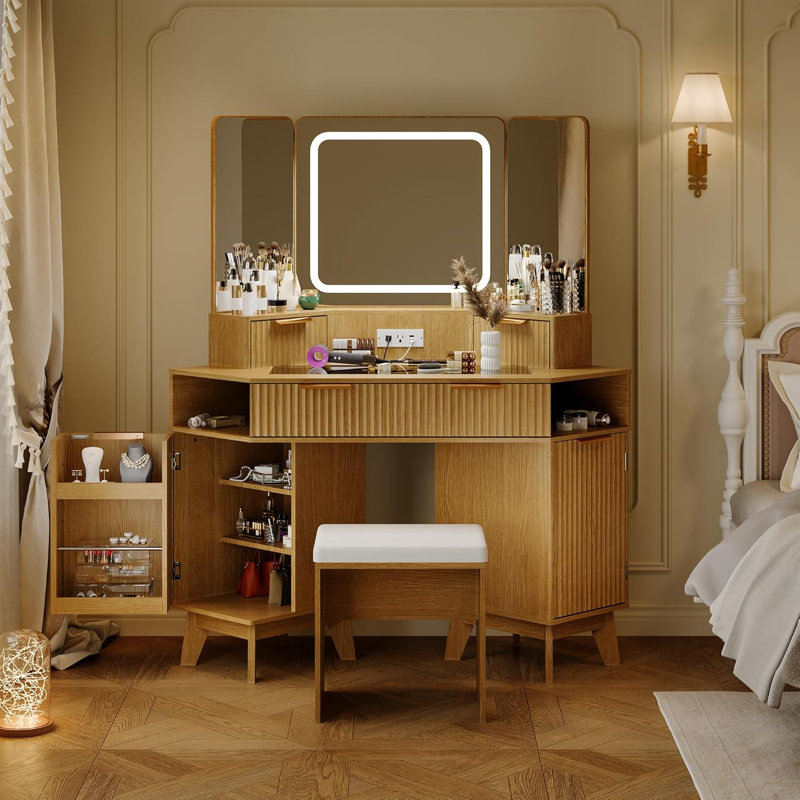 Corner Vanity Makeup Desk with Glass Top & LED Mirror, Natural Wood Fluted Design with Stool, Beige