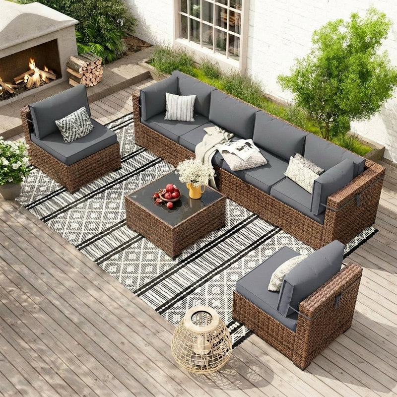 Ensemble de conversation modulaire en osier pour 6 personnes avec coussins Dinyu, Gris