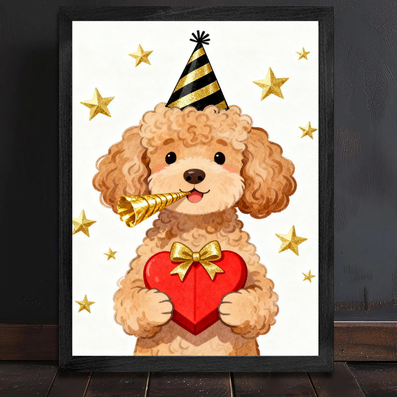 Cadre noir encadré noir fantaisiste caniche, H 37 po x l 25 po