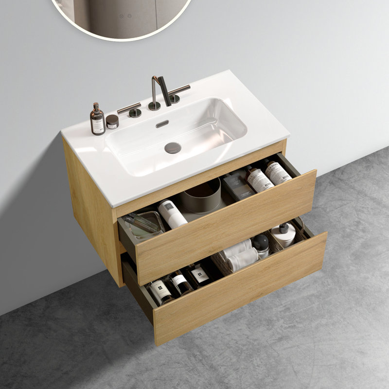 Meuble-lavabo mural en chêne naturel avec lavabo en céramique - 30 po, tiroirs silencieux modernes, rangement riche 30 po et trois trous de tiroir spacieux et pré-assemblés
