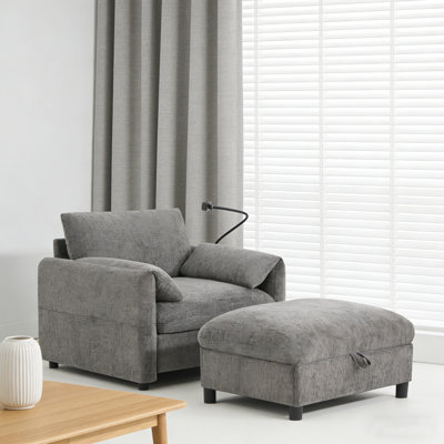 37" Single Sofa with Storage Ottoman, Adjustable Phone Holder, Dual-Port Charger, Storage Pockets, Elephant Ear Armrest, Comfy Chenille Armchair, Mode