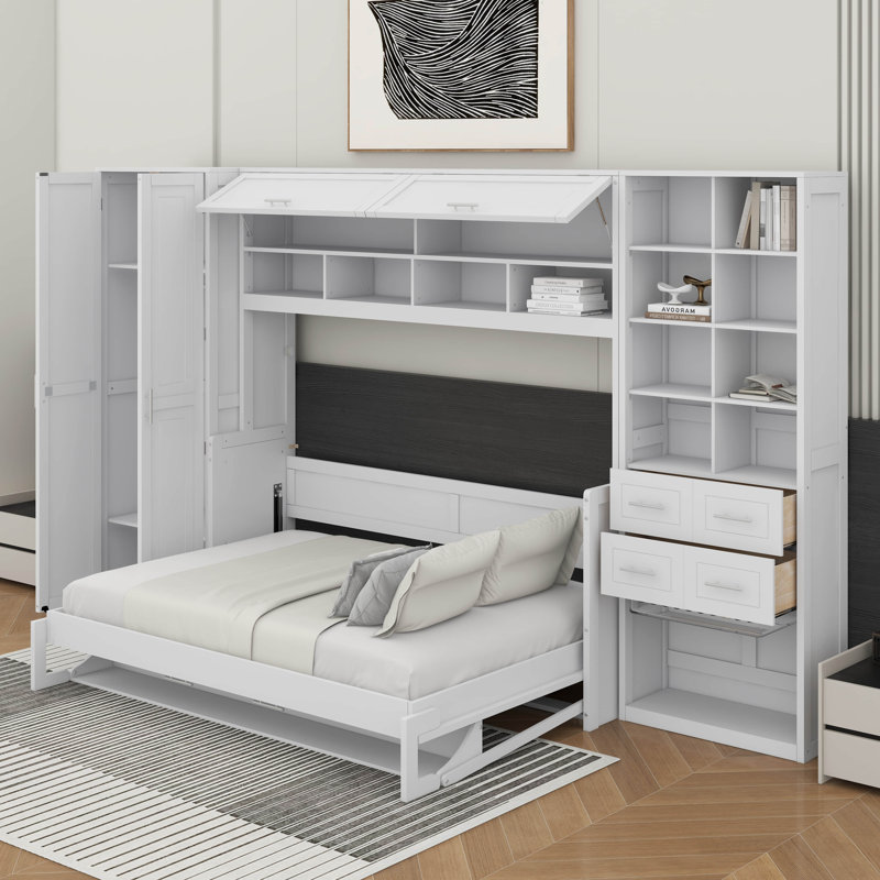 Lit escamotable double avec placard, tiroirs et tablettes, Lit double, Blanc