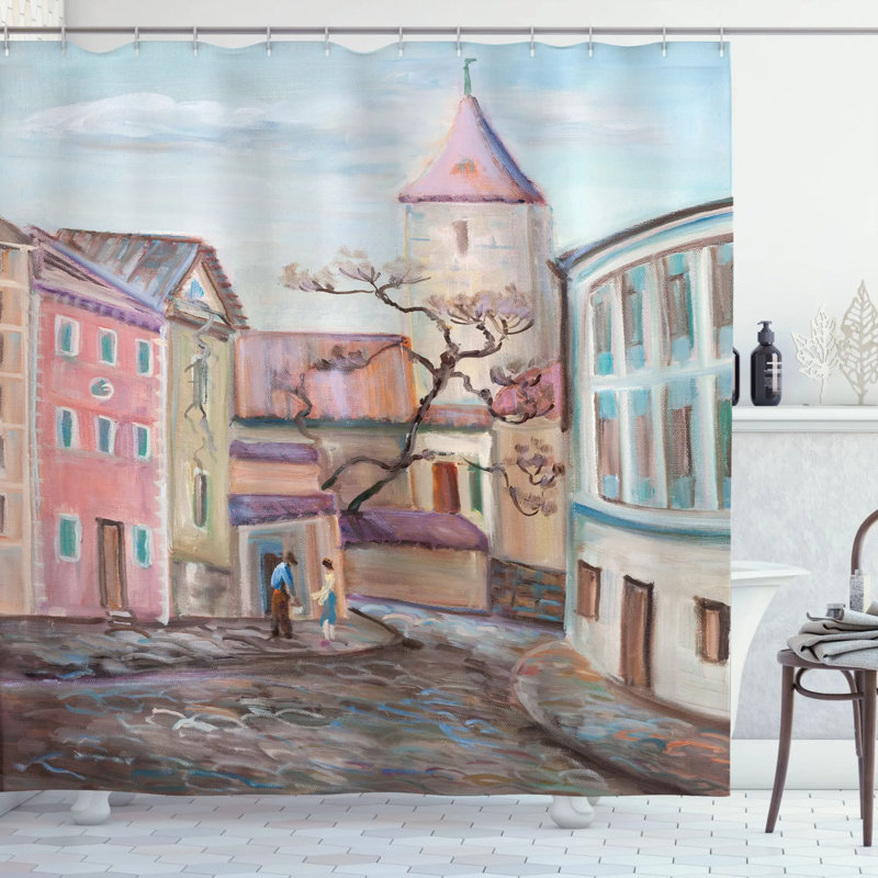 Ensemble de rideau de douche aquarelle effect town, H 75 po x l 69 po