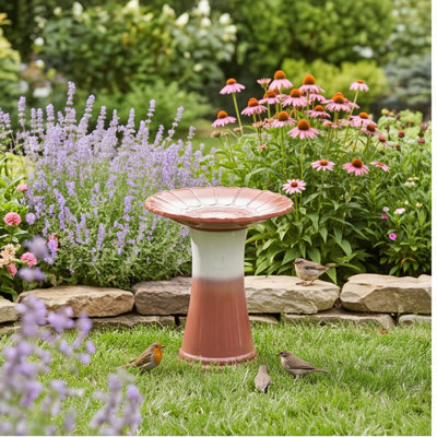 Baignoire d'oiseaux en céramique émaillée faite à la main, plateau festonné de 17 po et base piédestal de 18 po, mangeoire pour oiseaux d'extérieur rouge rouille à blanc cassé pour jardin, patio et cour