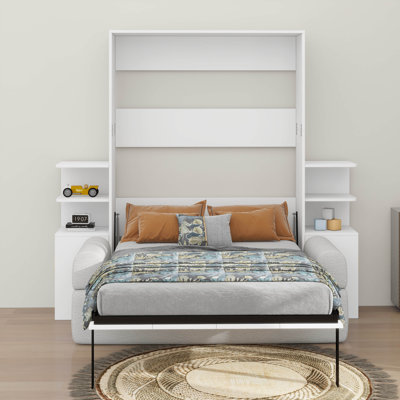 Grand lit escamotable avec canapé, cadre de lit mural peu encombrant avec armoires de rangement