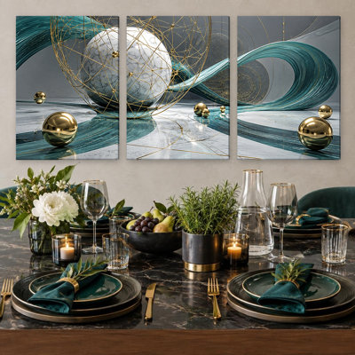 3 Pieces Exculisive Teal Wave Gold Filigree Orb Panorama Wall Art, Modern Canvas Decor for Living Room, Bedroom, Office and Home, Ready to Hang