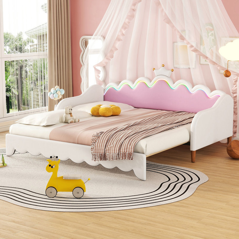 Extending Daybed with LED Lights, Modern Upholstered Princess Daybed, Pink/White