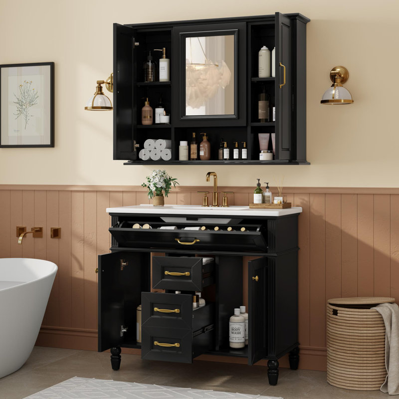 Meuble-lavabo en céramique avec cadre en pin, Noir