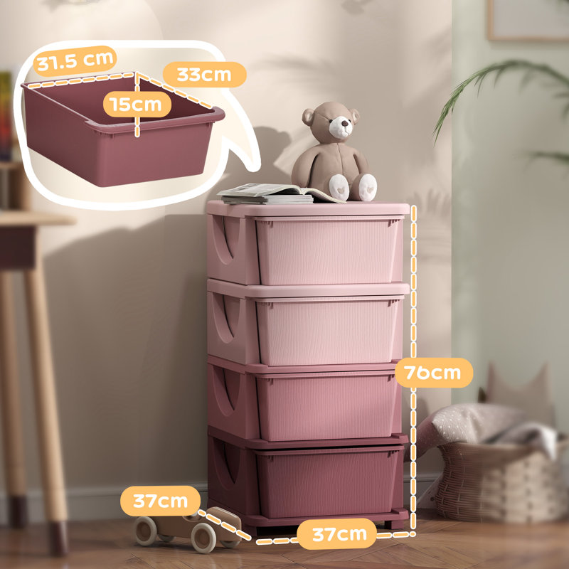 Glison 4 Drawers Plastic Kids Storage Units 4 Tier Children Toy Chest, Pink