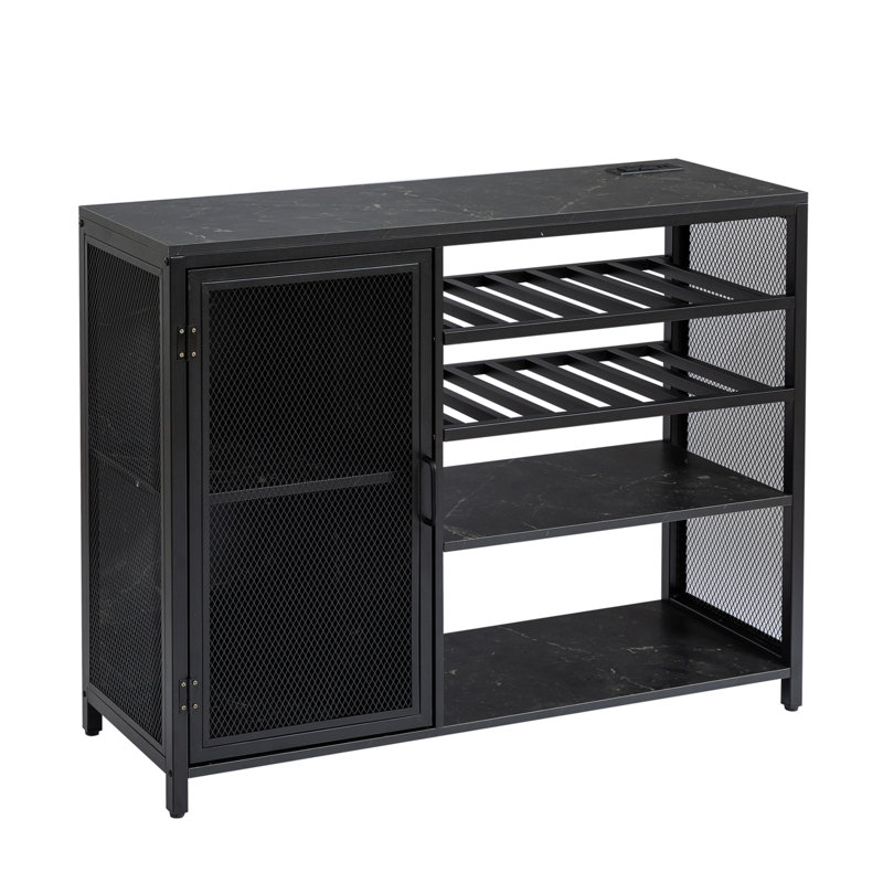 Gray and Silver Metal Bar Cabinet with Wine Racks and Stemware Holder