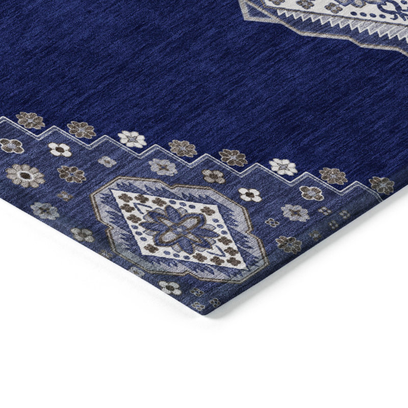 Washable Rectangular White and Navy Medallion Synthetic Rug