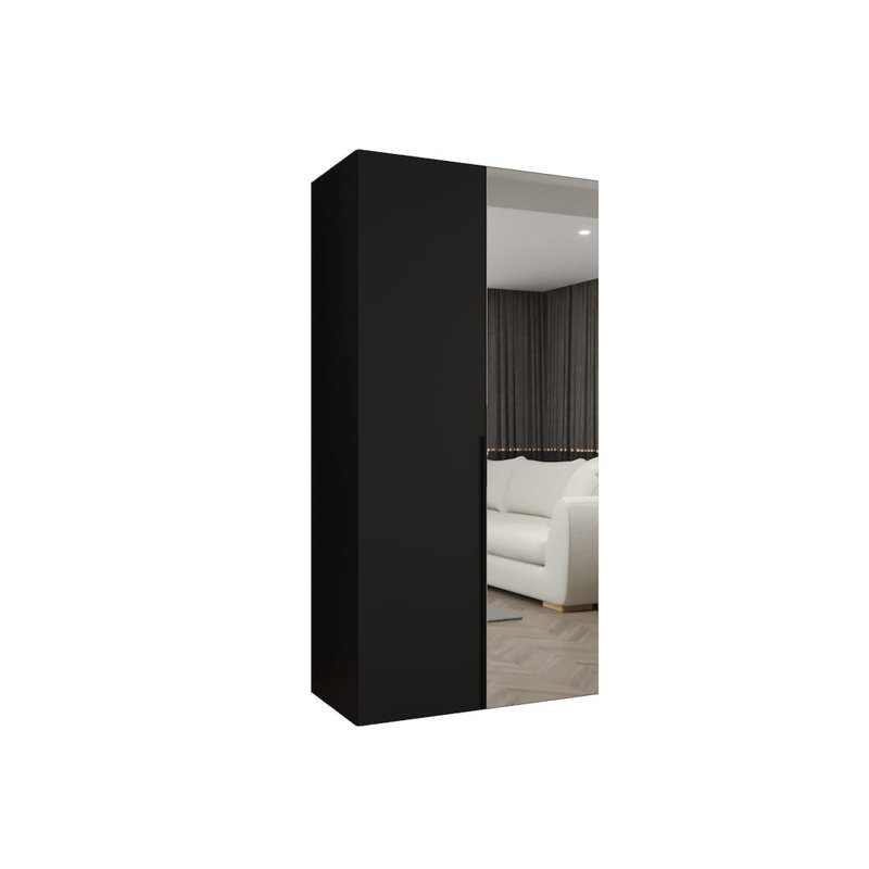 Crisp Hinged Mirrored Door Wardrobe 100cm - Sleek Style & Bright Storage, Black