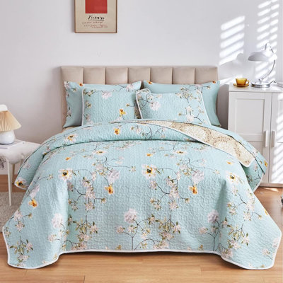 Ensemble de courtepointe réversible 3 pièces à motif floral turquoise, courtepointe douce en microfibre, couvre-lit élégant à motif floral, housse de lit légère pour toutes les saisons, 1 courtepointe et 2 taies d'oreiller