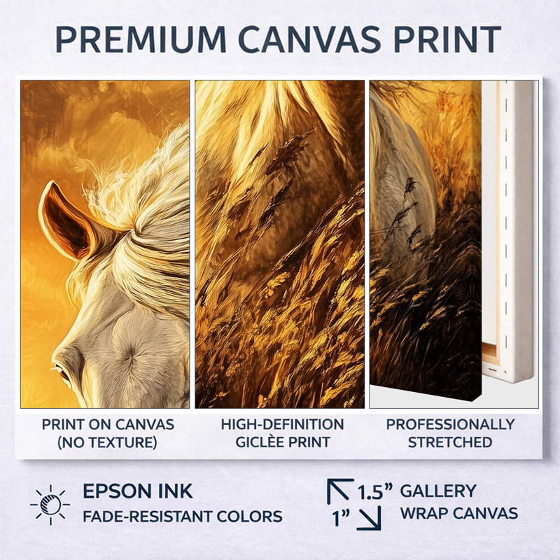 Golden Hour Golden Stallion - Tableau encadré, H 44 po x l 34 po, White Picture Framed