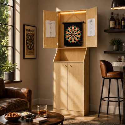 74.8" Dartboard Cabinet With Storage, Wooden Game Center With Magnetic Scoreboards & LED Light