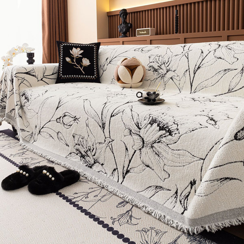 Housse de canapé Flower Boho, 71" H x 150" W, Chenille noir