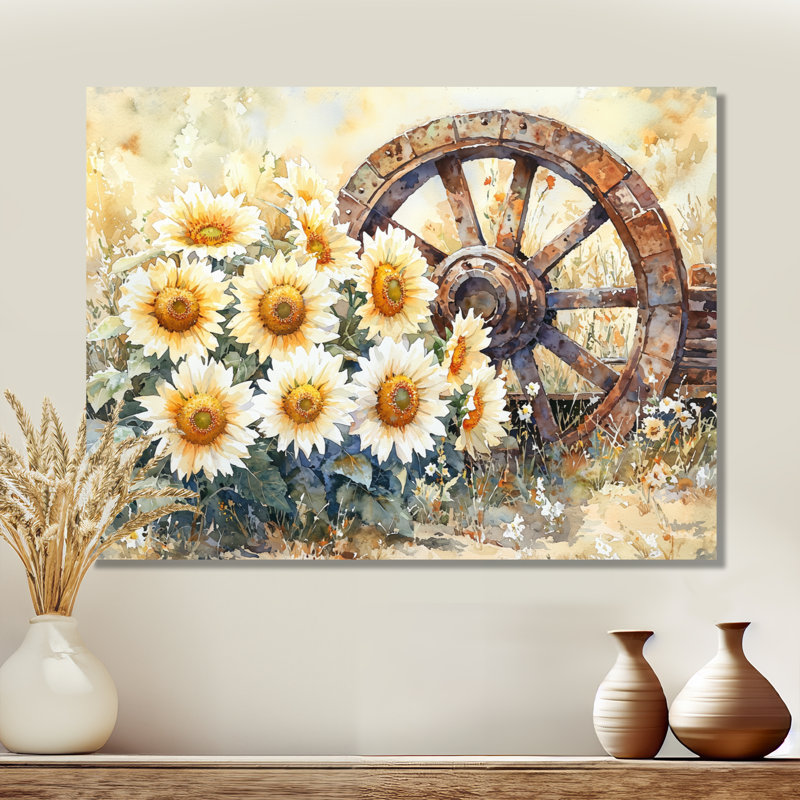 Doten tournesols par roue de chariot, H 12 po x l 20 po, Toile tendue, Ne pas appliquer