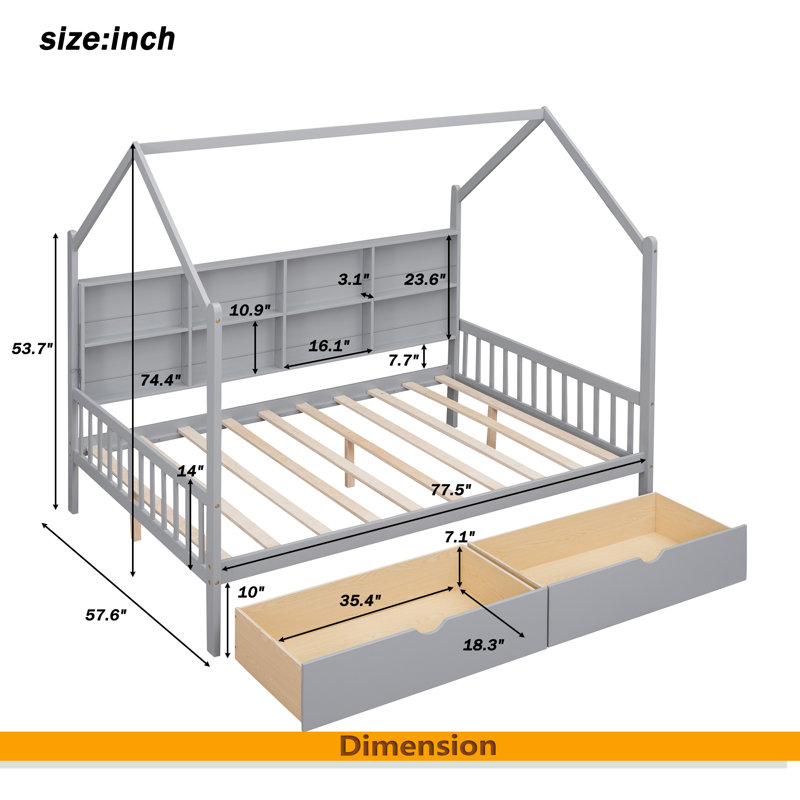 Lit en bois avec 2 tiroirs, Gris, Lit double