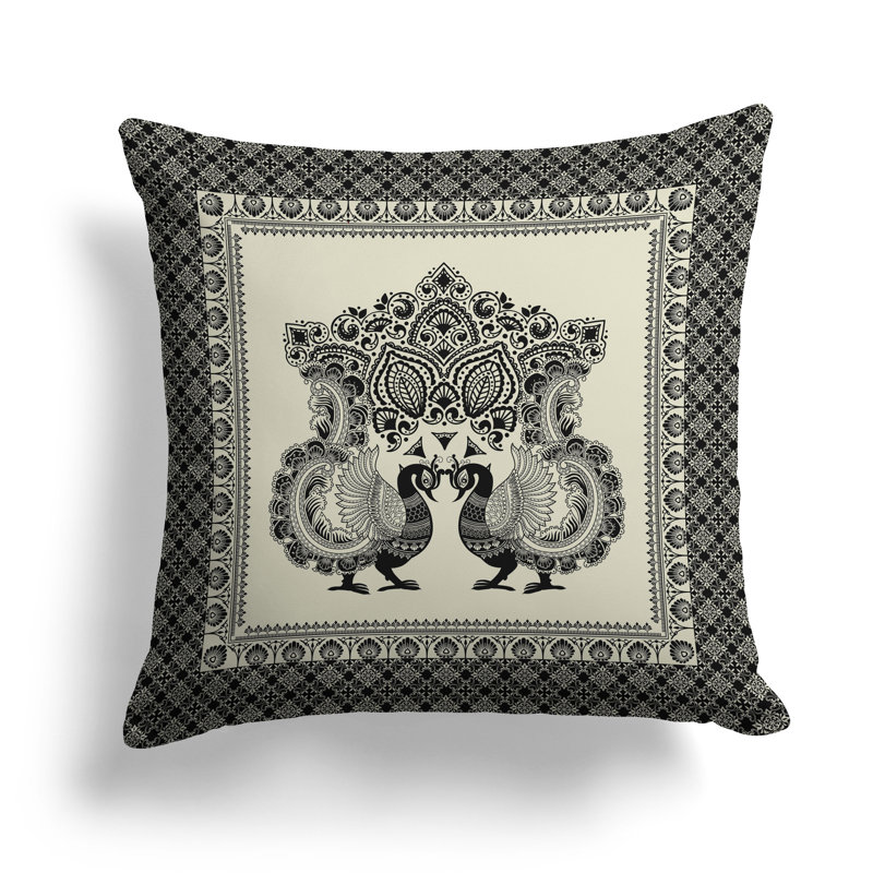 Coussin Peacock Prowess, H 16 po x l 16 po, Noir / Beige