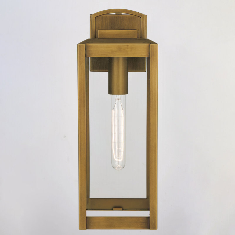 Haviland 16.75 in. H 1-Light Vintage Brass Dusk to Dawn Sensor Gold Outdoor Wall Sconce, Durable Metal, Clear Glass Shade, LED Compatible for Exterior Porch Patio Front Door or Garage