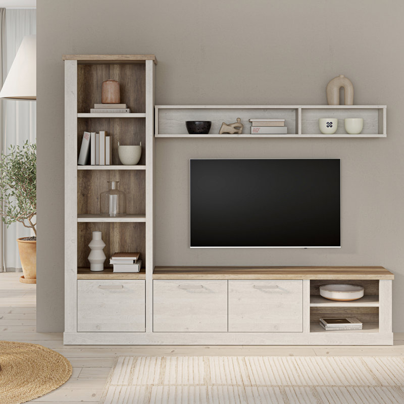 Modern Farmhouse Style Wall Cabinet Unit, Living Room, Shelf, Lowboard, Wall Panel, Engineered Wood, White Pine/Light Oak Decor, 241.9 cm W x 212 cm H x 41.3 cm D