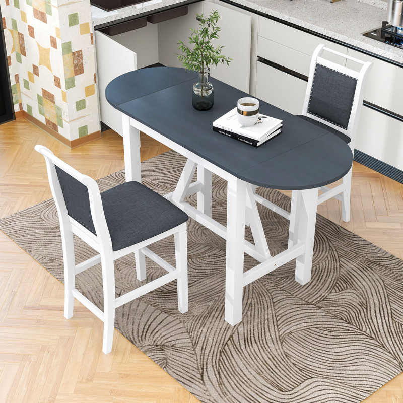 Bibeta 3 - Piece Extendable Trestle Dining Set, Wood Table with Drop Leaf and Upholstered Chairs, Dark Gray, White, White