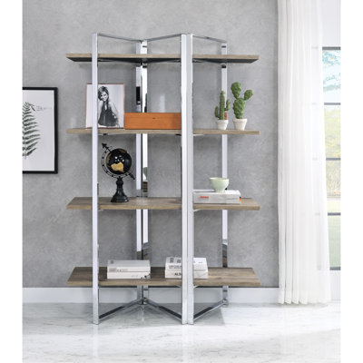 Modern 4-Shelf Bookshelf In Natural And - Add A Contemporary Flair To Your Home Metal Paper Veneer Maximize Storage Options Sleek Frame