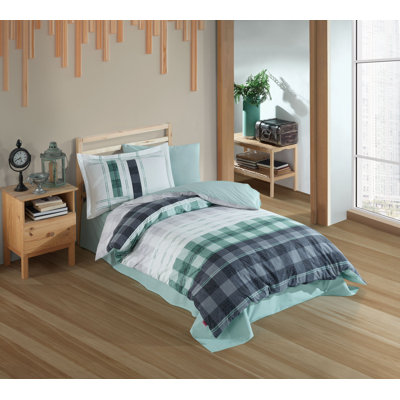 100% Cotton Poplin Single Quilt Cover Set, Green/White & Grey/Black | Duvet Cover 63 x 87, Flat Sheet 63 x 94, 1 Pillowcase 20 x 28 | Machine Washable, 152 Thread Count, Stylish Button & Envelope Closure