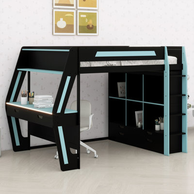 Teens Gaming Loft Bed with Workstation Desk, RGB LED Lights, Convenient USB Ports, Wooden Loft Bed with Storage Cubbies, Drawers