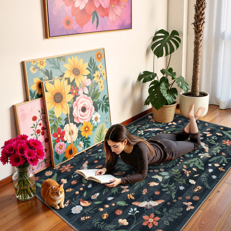 Insect and Plant Vertical Striped Textured Washable Area Rug - Nature-Inspired Carpet for Living Room, Bedroom, or Office