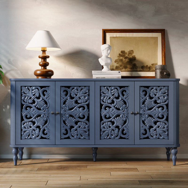 Buffet 63 "rétro sculpté avec tablettes réglables et pieds en bois massif, bleu, Bleu