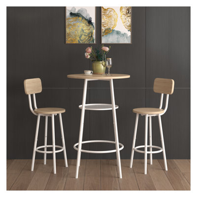 Ensemble de table de bar 3 pièces avec 2 tabourets de dossier, ensemble de salle à manger à hauteur de comptoir moderne pour la cuisine, plateau en bois aggloméré brun et structure en acier
