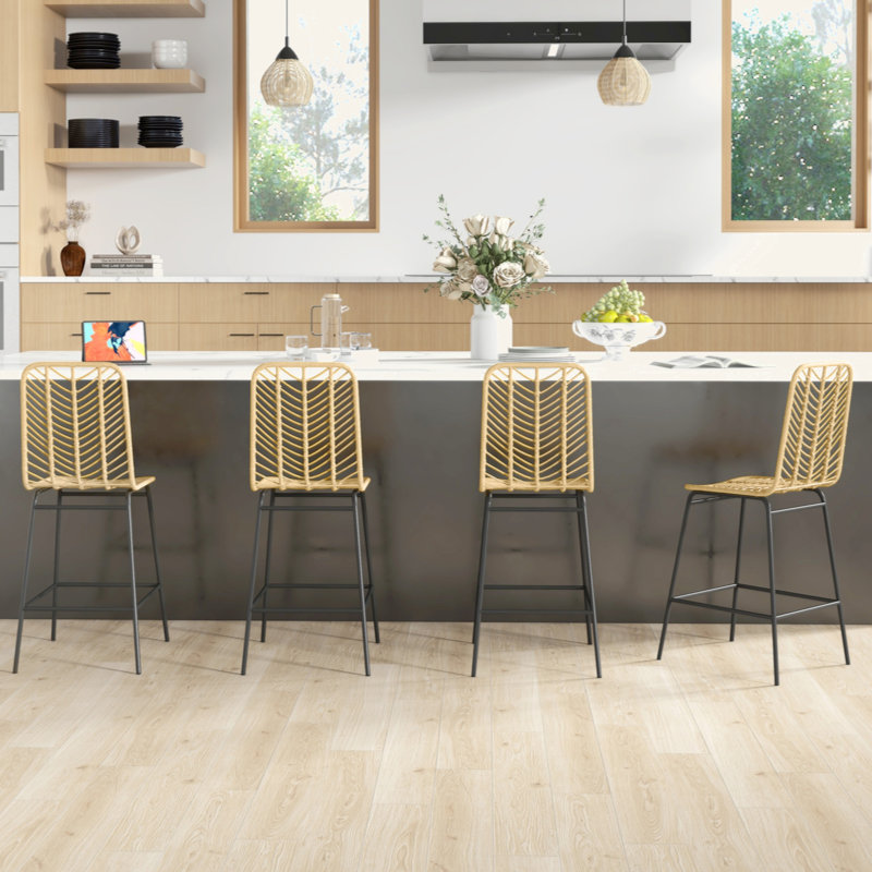 Rattan Bar Stools Set Of 4, 26" Counter Height Barstools, Boho Kitchen Island Stools With Breathable Wicker Seat And Back, 4