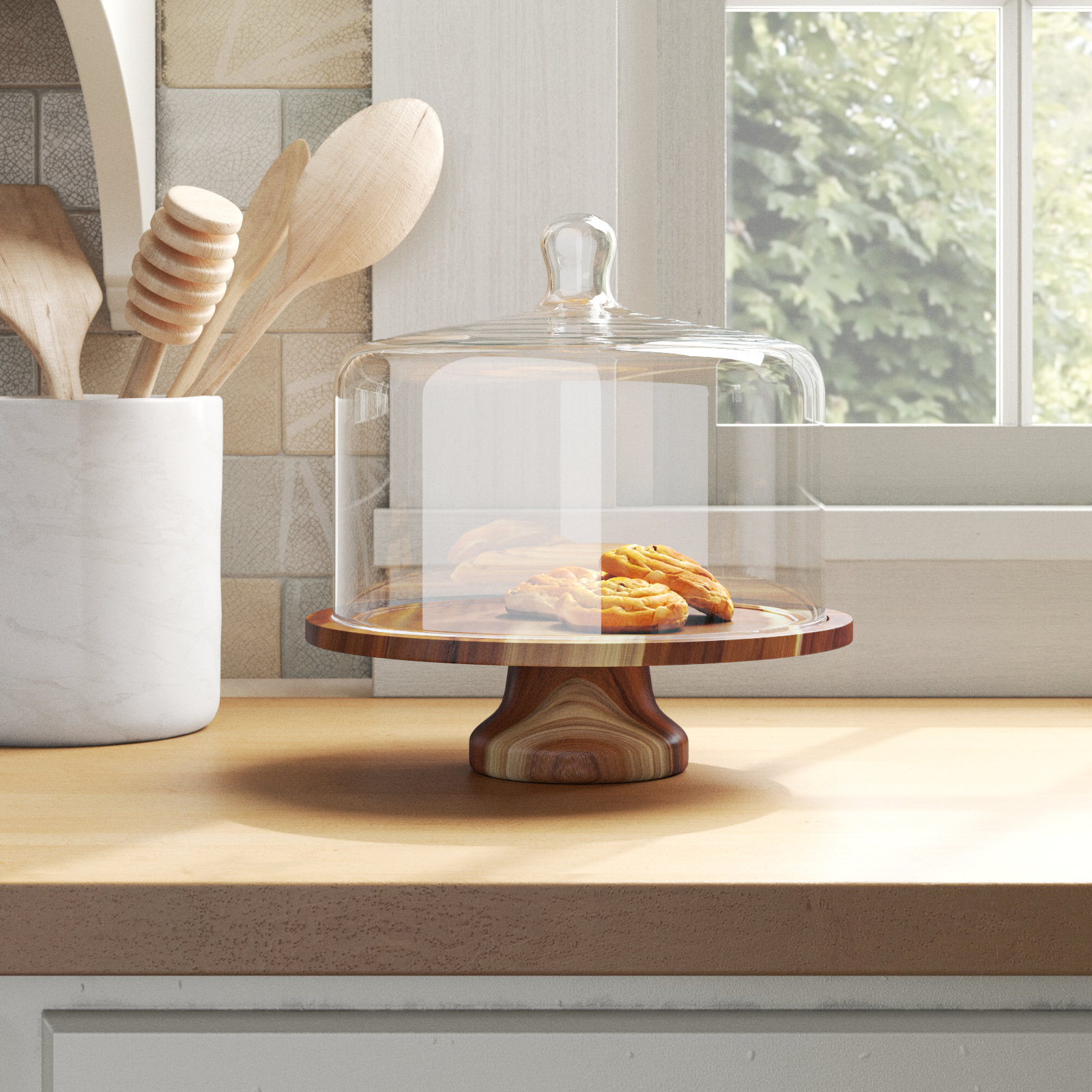 Libbey Acaciawood Footed Round Wood Server Cake Stand with Glass Dome