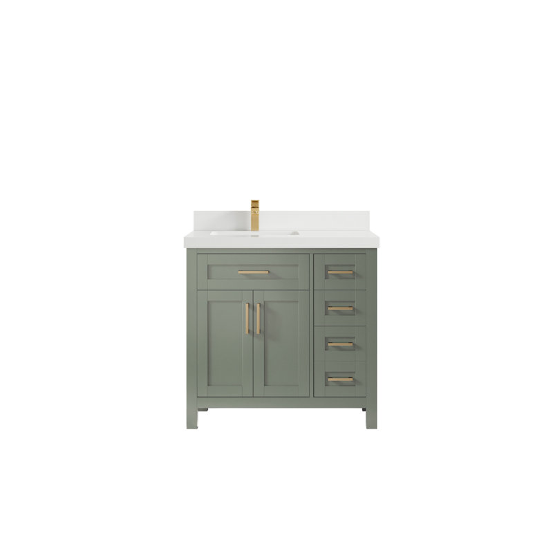 Cambridge 36 In. W X 22 In. D Left Offset Sink Bathroom Vanity In Evergreen With 2 In. Carrara Marble, Blanc