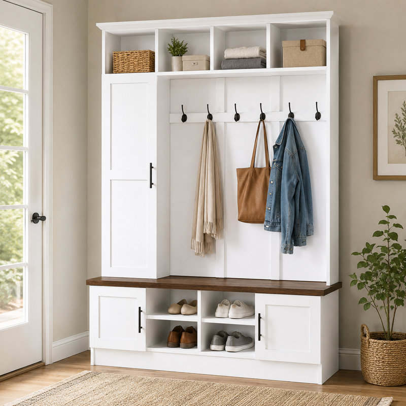 Arbre d'entrée de ferme avec banc, 6 crochets à manteau, 3 armoires de rangement et tablettes réglables, organisateur de rangement pour vestibule, vestibule et vestibule de 55 po