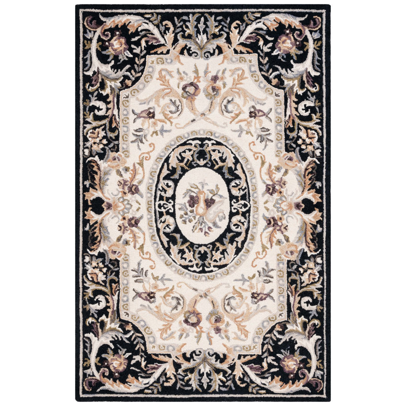 Savonnerie Hand Tufted Wool/Cotton Floral Rug in Black/Ivory/Ivory/Black, Rectangle 5' x 8'