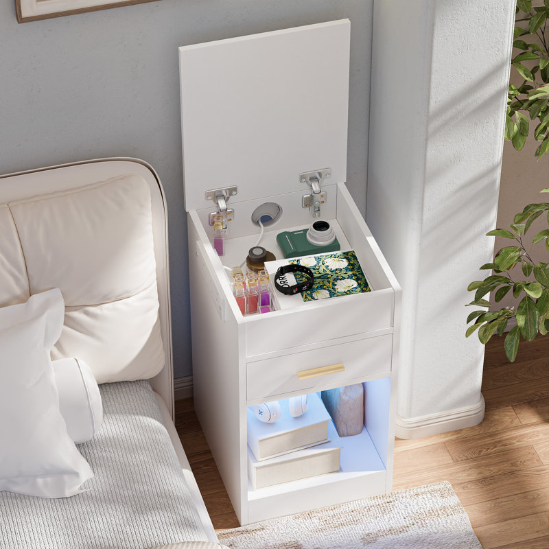 Bedside Table with Flip-Top Drawer, Bedside Cabinet with LED Lights & UK Charging Station, 2AC/2USB Open Shelf Wood Side Table, Nightstand for Bedroom Living Room Home