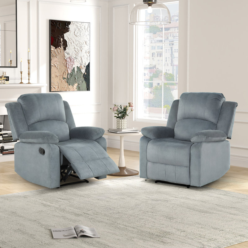 34.8" Wide Contemporary Breathable Skin Friendly Fabric Manual Recliner Chair with Soft Padded (Set of 2), Silver