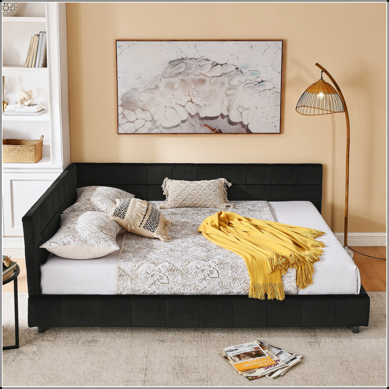 Queen Size Upholstered Tufted Bed Frame, Sofa Bed With Comfortable Backrest And Armrests For Bedroom And Living Room, Black