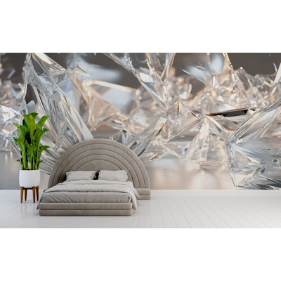 Papier peint éclats de cristal - Murale géométrique abstraite avec éclat argenté et reflets de lumière pour une décoration murale moderne, un bureau ou un décor artistique