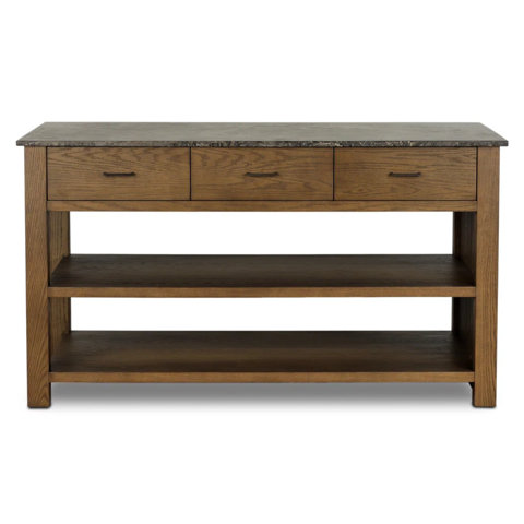 Console table with three drawers and two shelves.