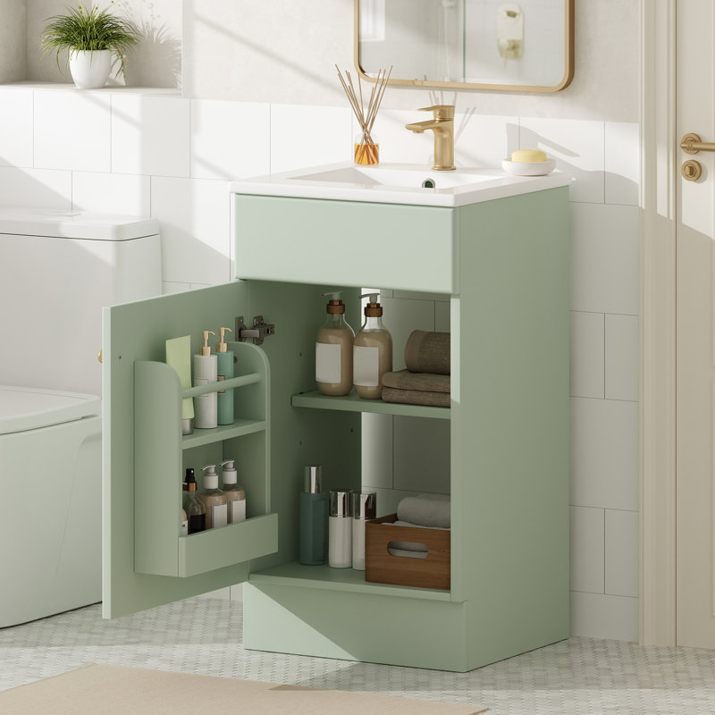 [Vidéo] Meuble-lavabo 18 po avec lavabo, meuble-lavabo avec tablette de porte et tablette réglable, vert clair