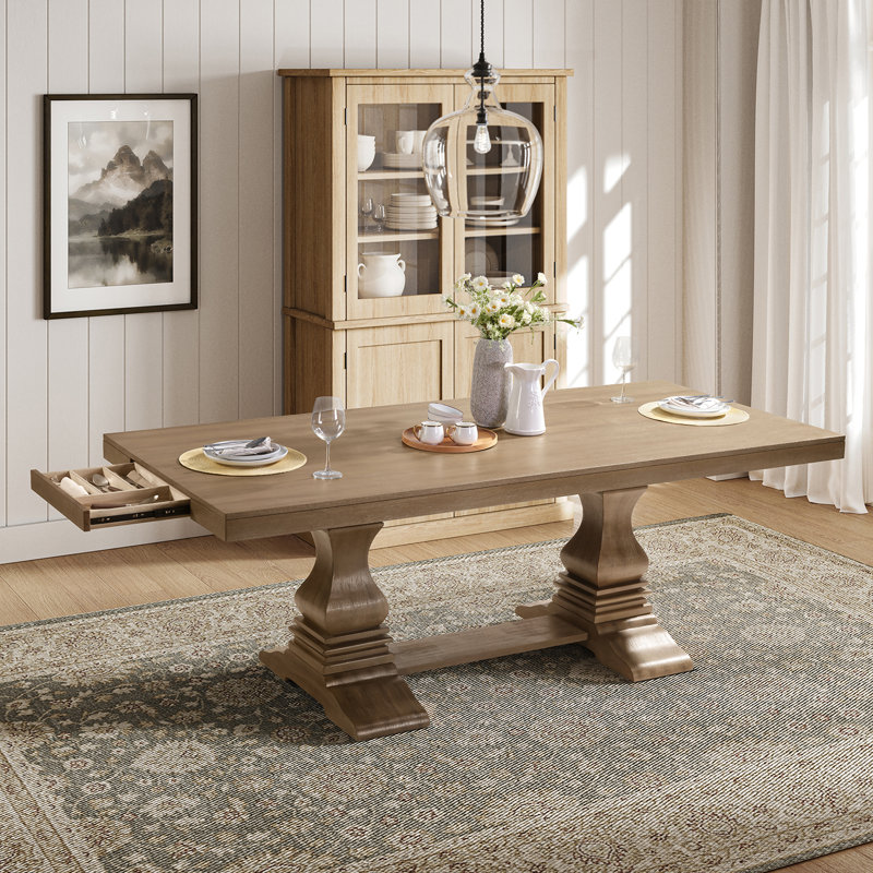 Vitti Farmhouse  Rectangular 86'' L x 38''W Trestle Dining Table  Solid Wood Desktop with 2 Drawers, Light Brown