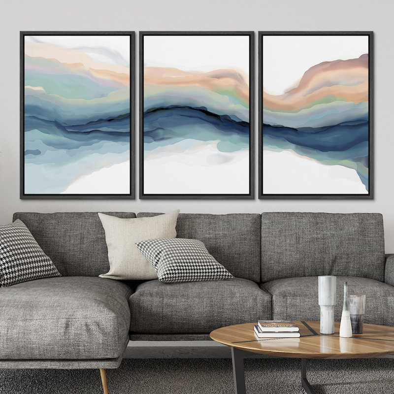 Pastel Watercolor Blue Paint Stroke Abstract Landscape- Framed Canvas Print Wall Art Work Home Decor, 24" H x 48" W, Black