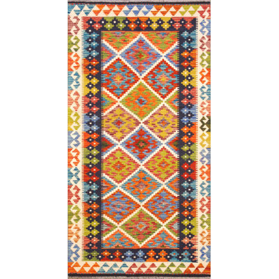 Tapis oriental orange / bleu / jaune en laine / coton 3 pi 5 po x 6 pi 8 po Oriental