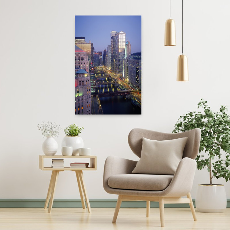 Skyscrapers lit up at night Chicago River Chicago Cook County Illinois USA 1 Piece Wrapped Canvas Wall Art