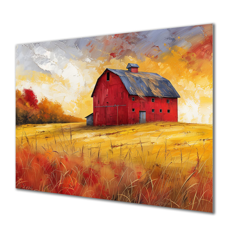 «Autumn Red Barn Breeze III - Art mural de grange, Métal métal, H 34 po x l 44 po x P 1,5 po