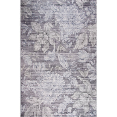 7' X 10' Gray And White Floral Area Rug